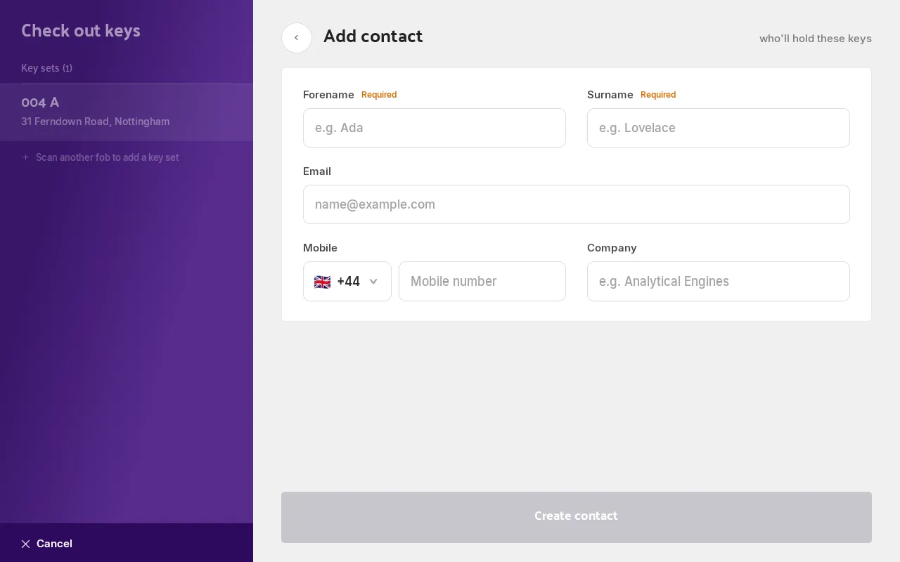 The Hive's Add contact screen, showing Forename and Surname marked Required, with Email, Mobile and Company below