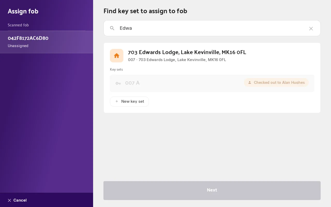 The Hive's Find key set step, showing an asset card with its existing key sets and a New key set button