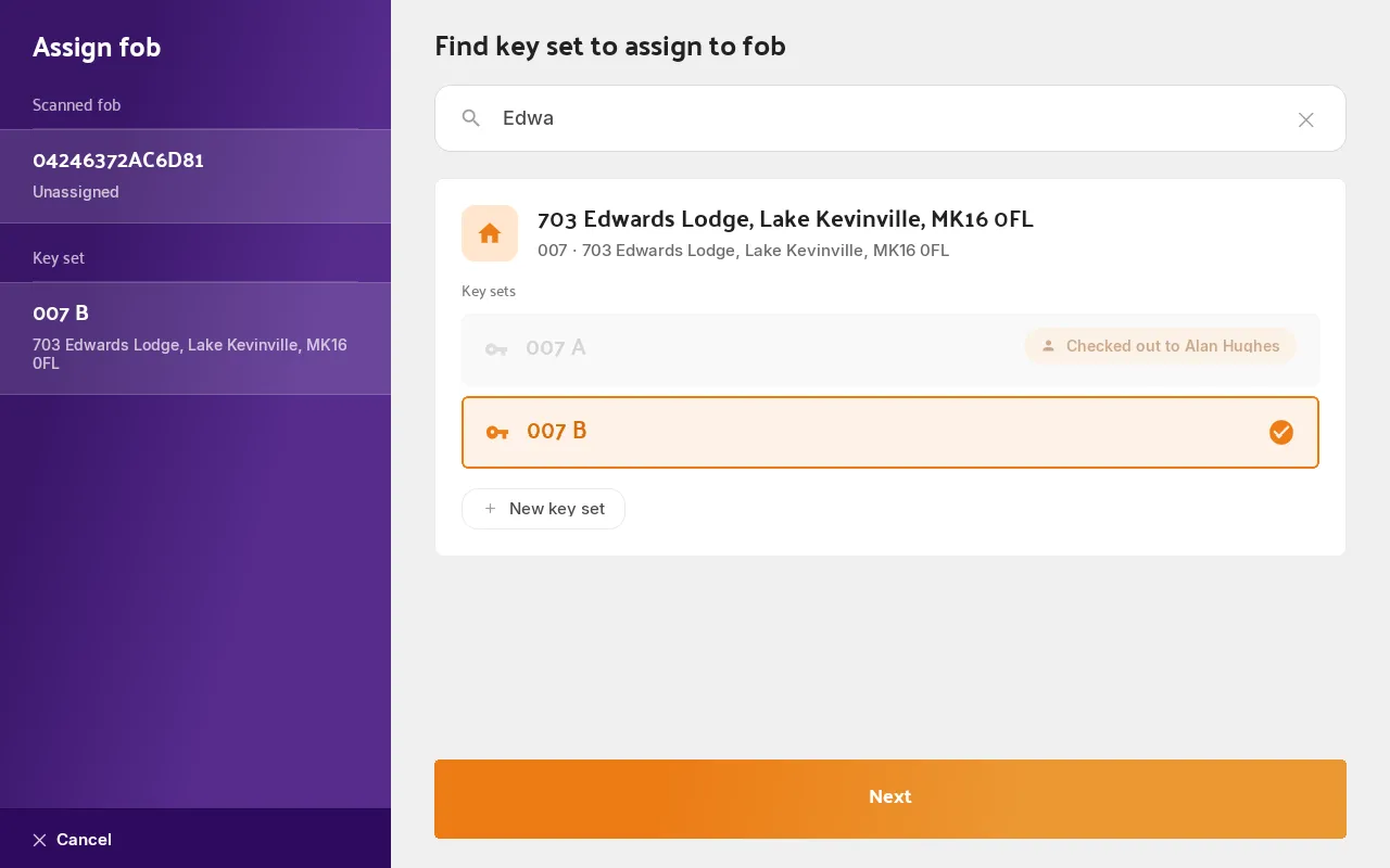 The Hive's Find key set step, with an asset's key sets listed and one selected