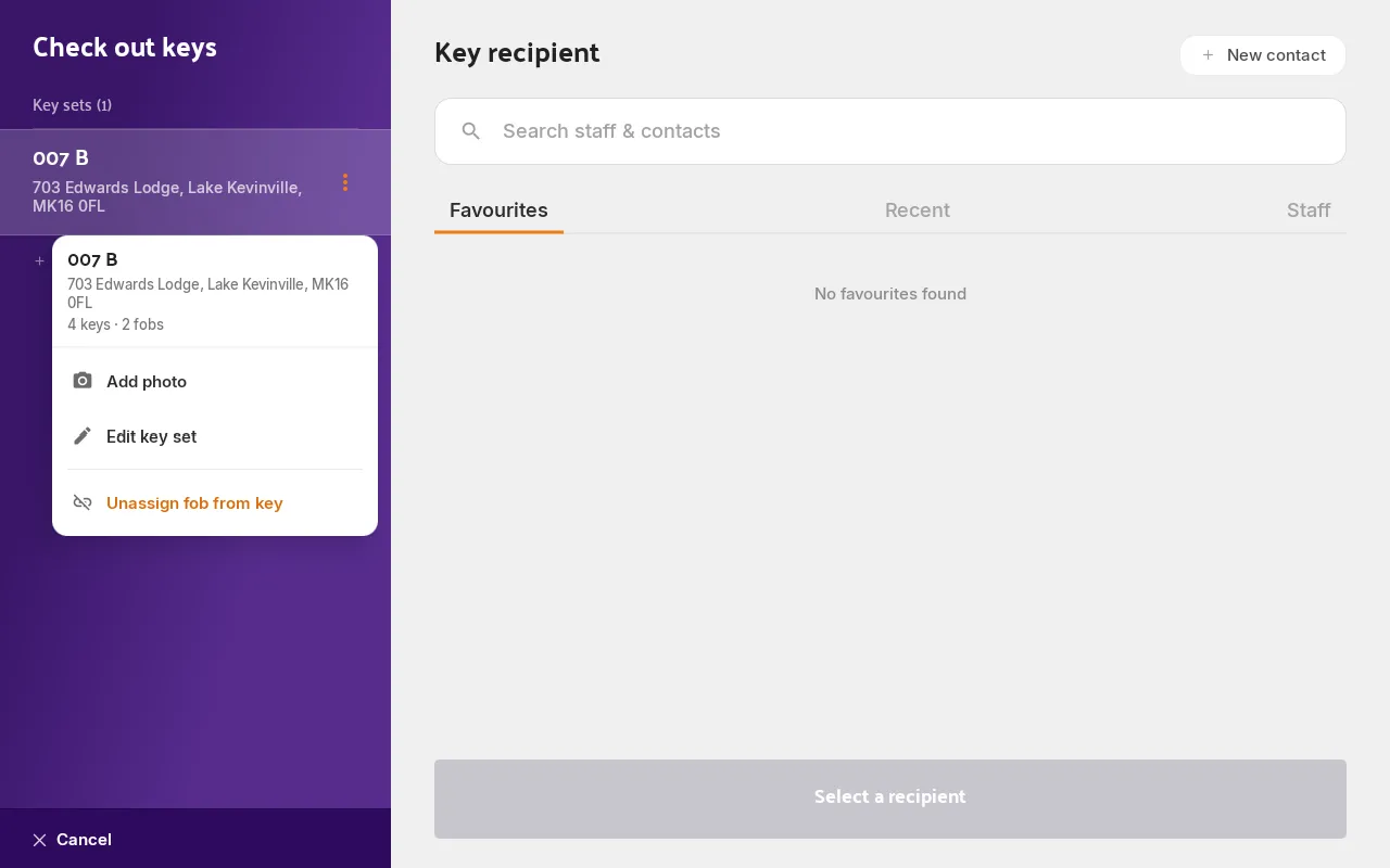 The Hive's left panel with a key set's options open, showing Add photo