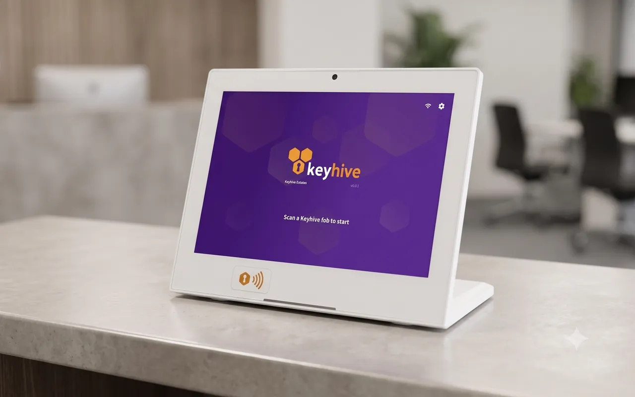 A Hive on a desk, showing the home screen