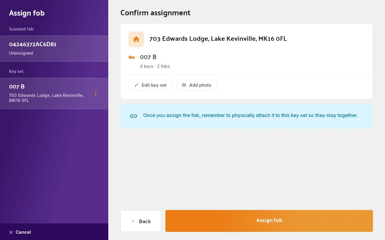 The Confirm assignment screen on the Hive, showing the key set summary and the Assign fob button