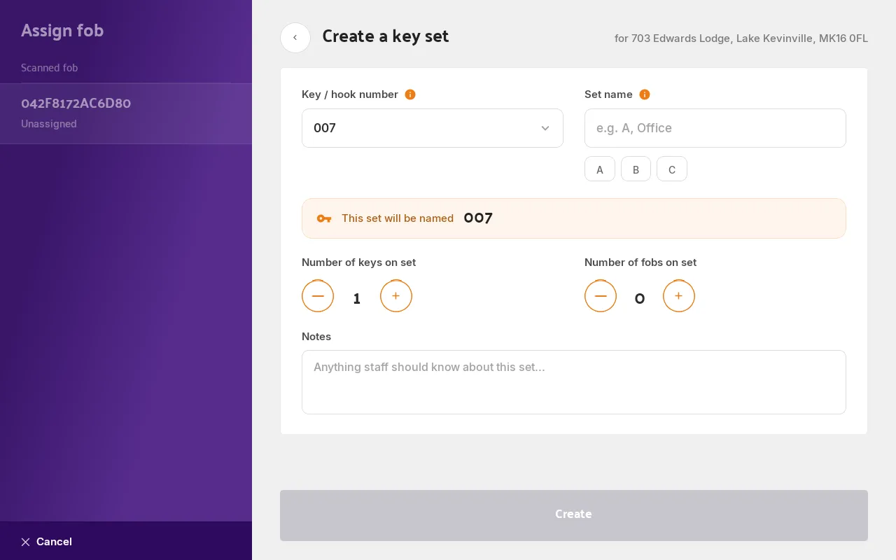 The Create a key set screen on the Hive, with the key / hook number dropdown, Set name field and the name preview beneath