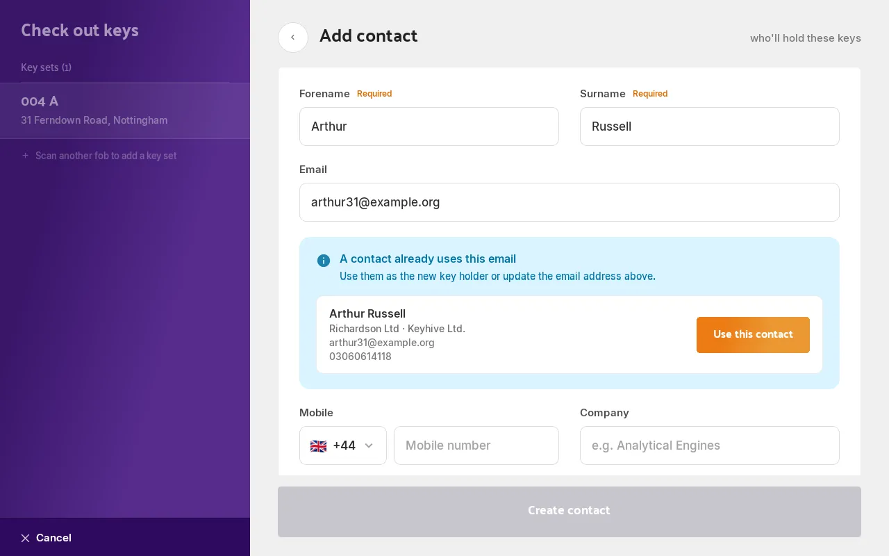 The Hive showing the duplicate-email notice beneath the Email field, with a Use this contact button