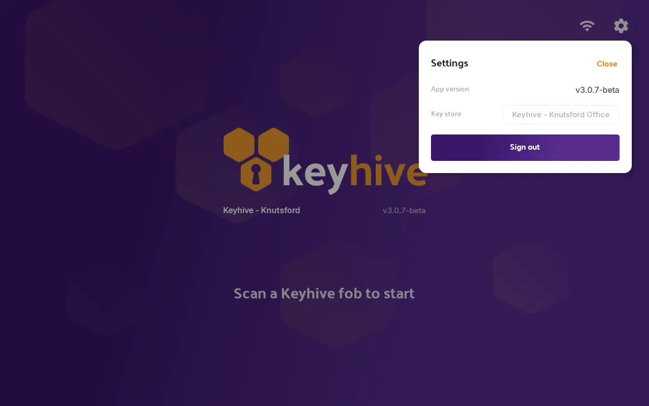 The Hive's Settings panel showing App version, Key store and Sign out