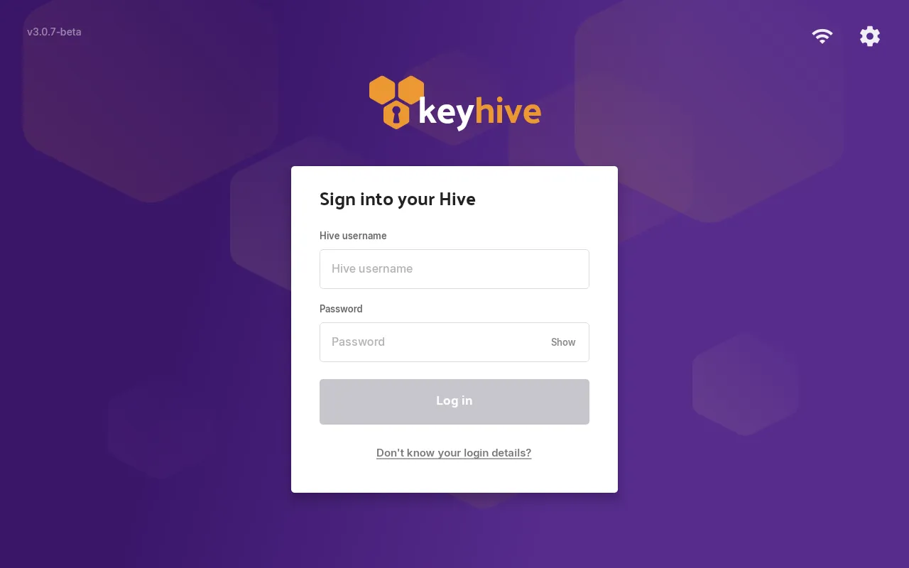 The Hive's "Sign into your Hive" screen with the Hive username and password fields