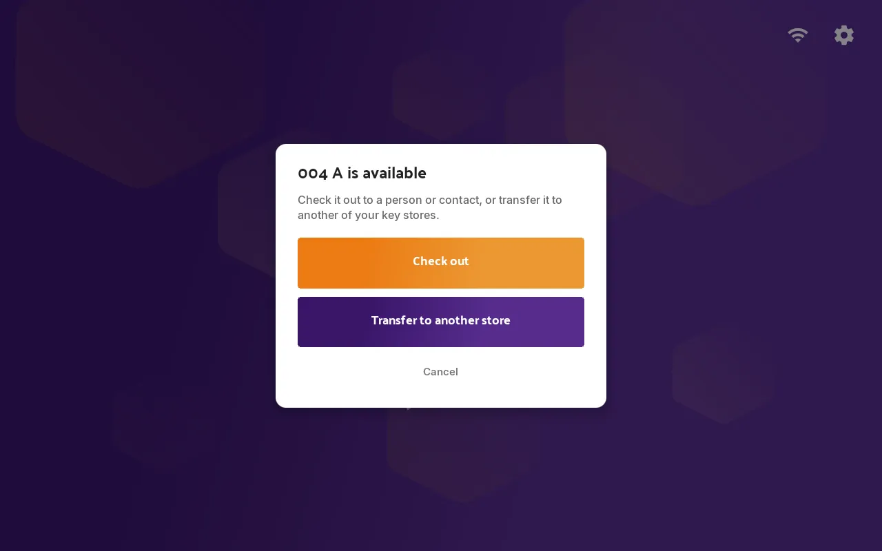 The Hive asking whether to check the scanned key out or transfer it to another store