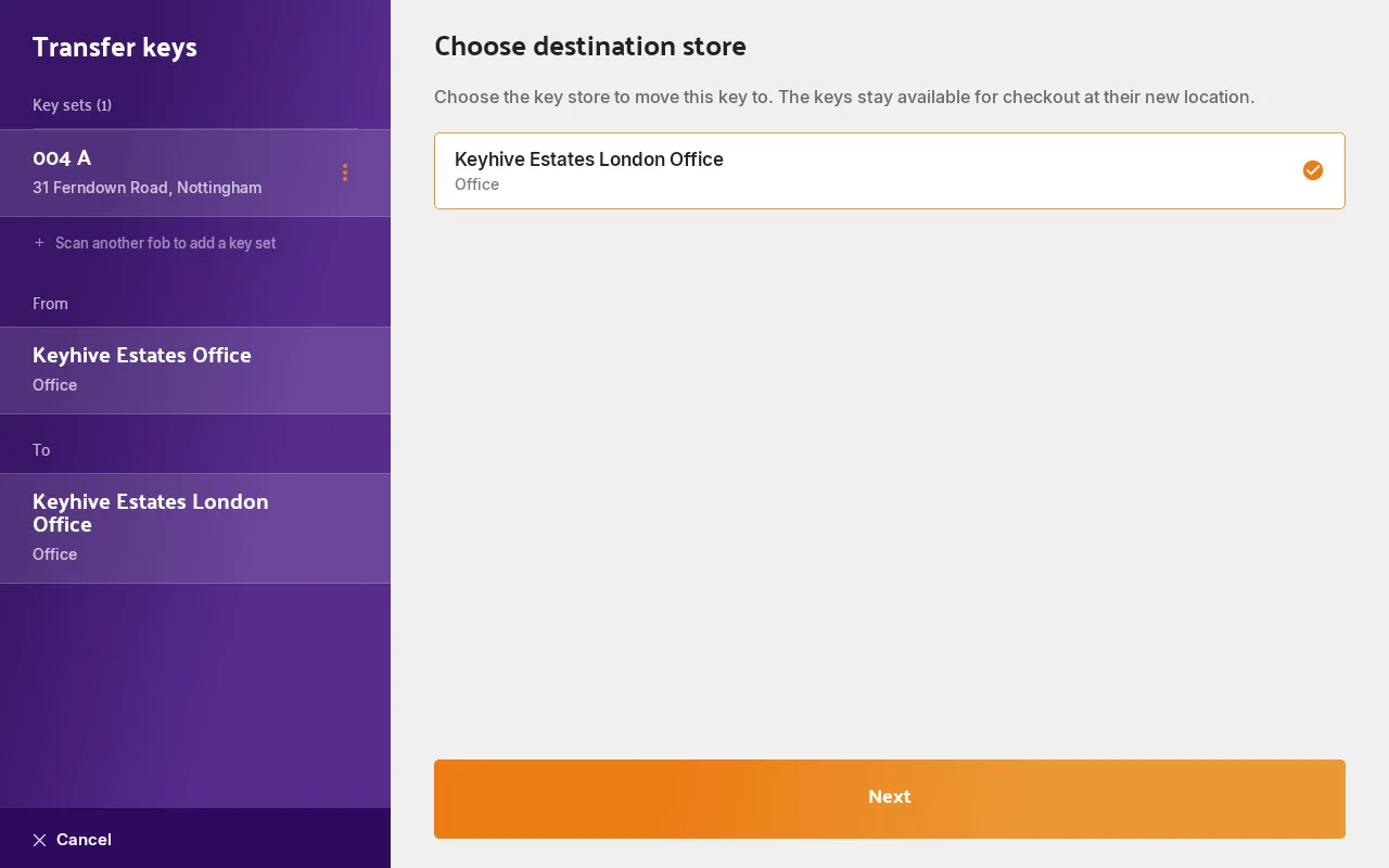 The Choose destination store step with the From and To stores in the left panel