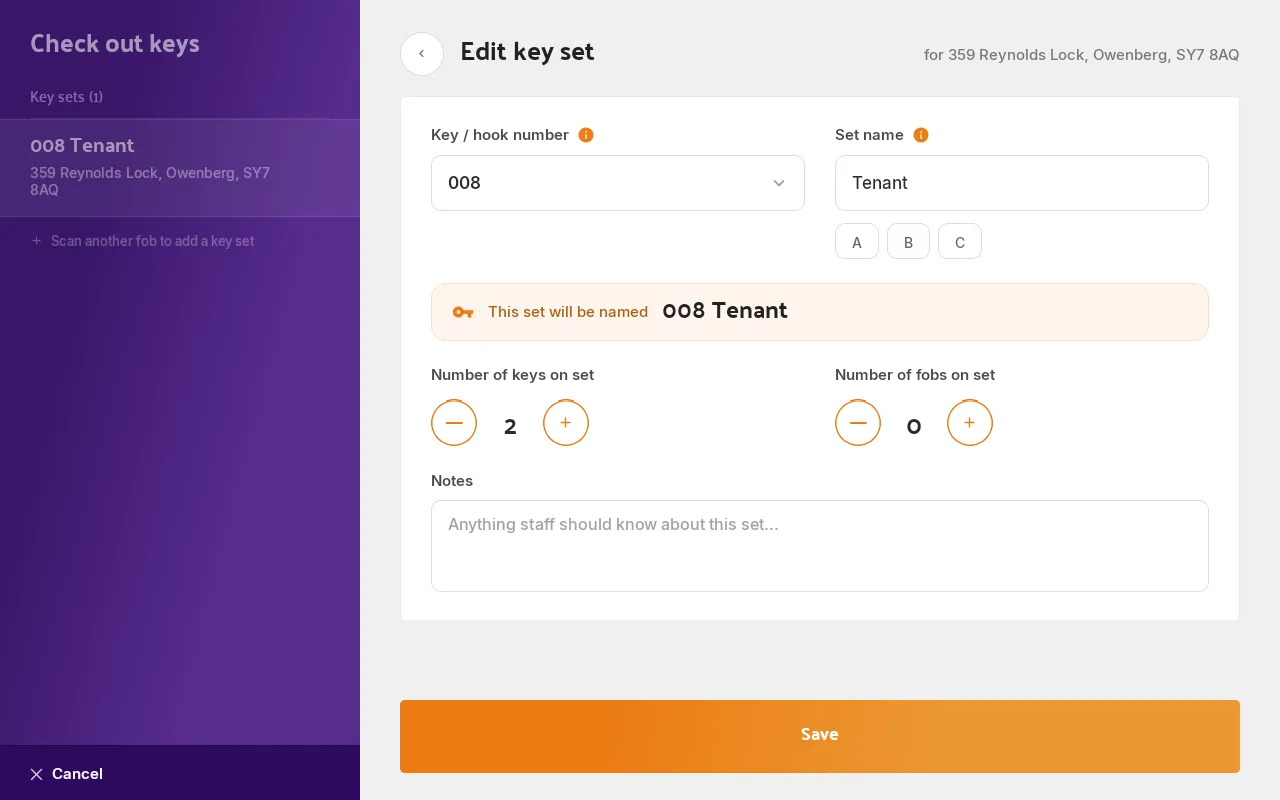 The Hive's Edit key set screen, with the hook number, Set name and its name preview, and the key and fob counts