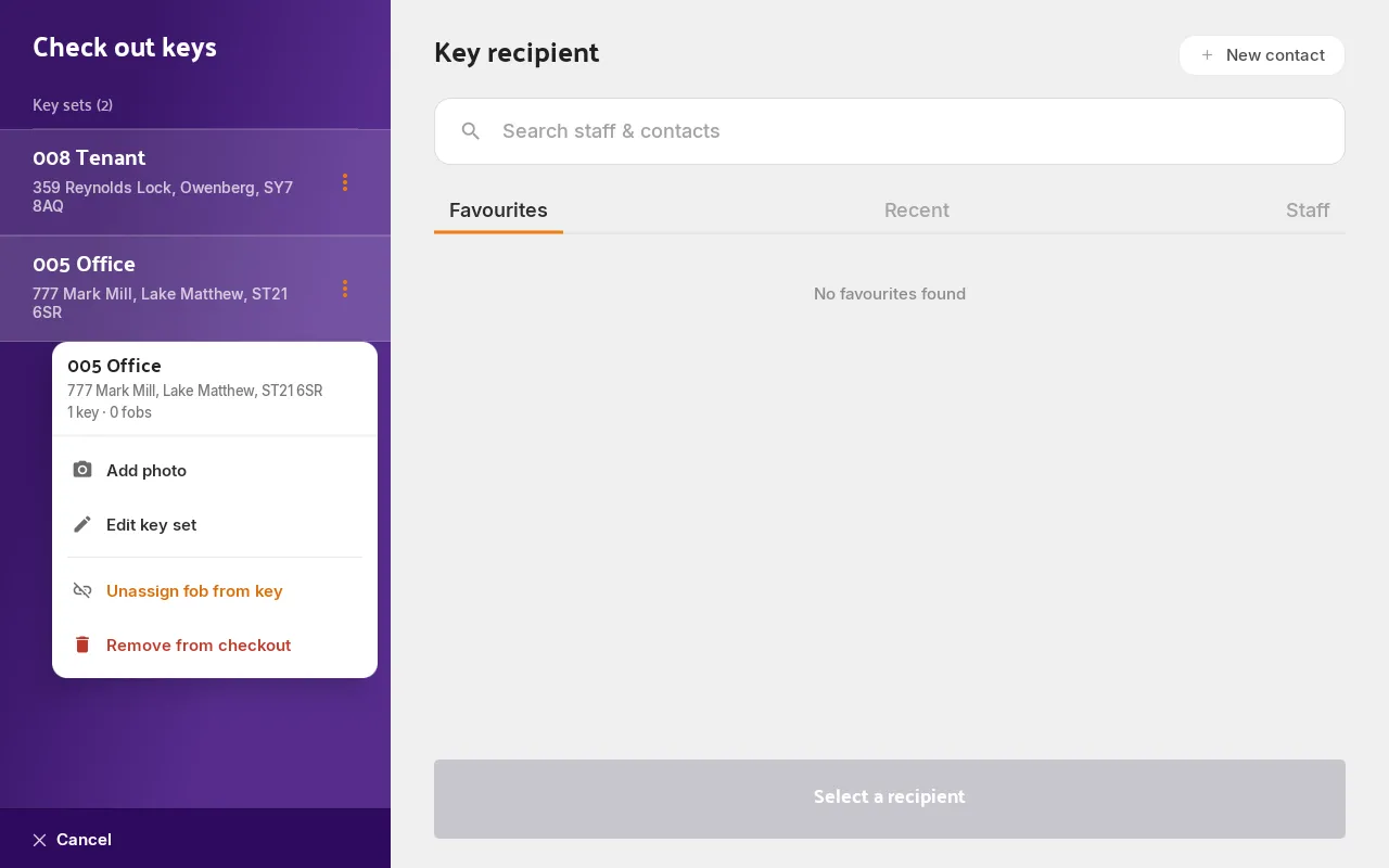 The key set menu on the Hive, open over the left panel