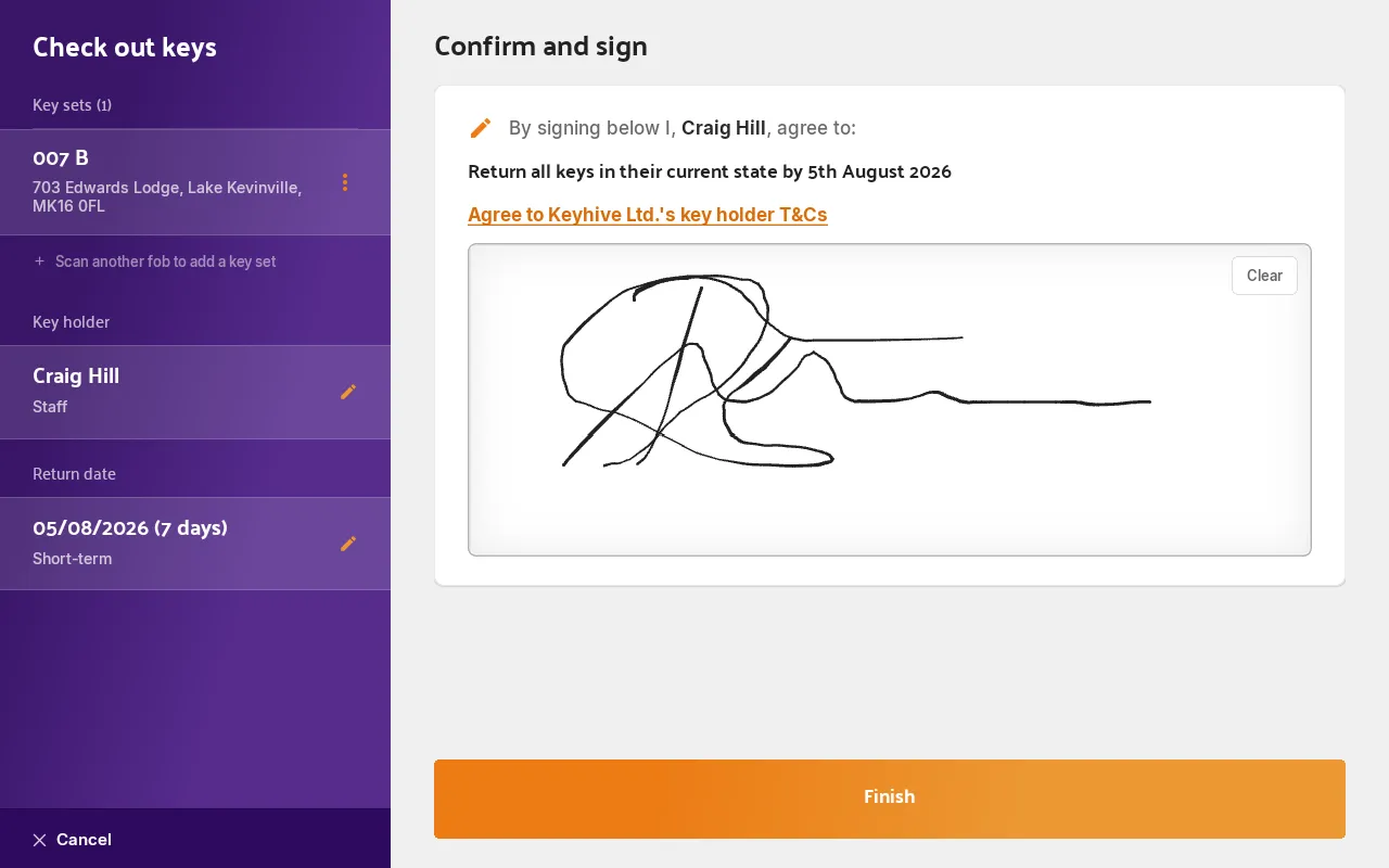 The confirm-and-sign step with a signature pad