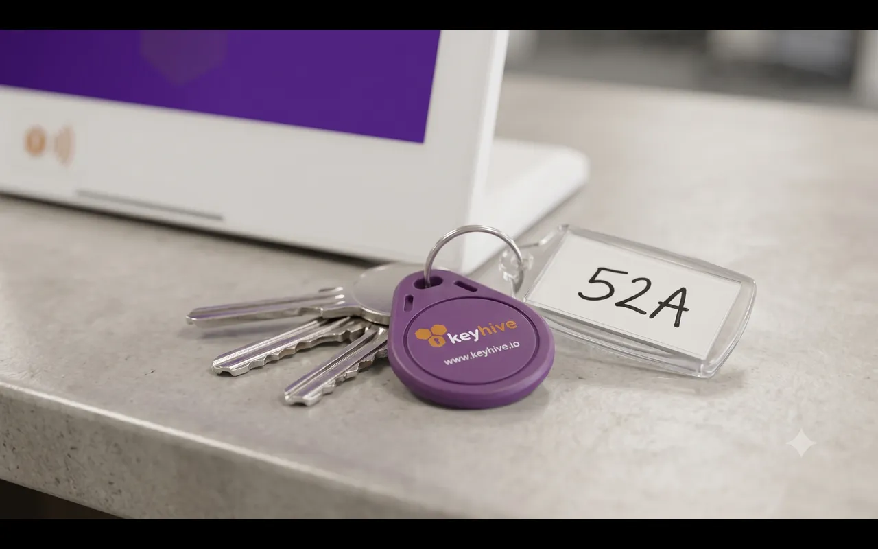 A key set on a ring, showing the Keyhive fob and a keyring label reading 52A