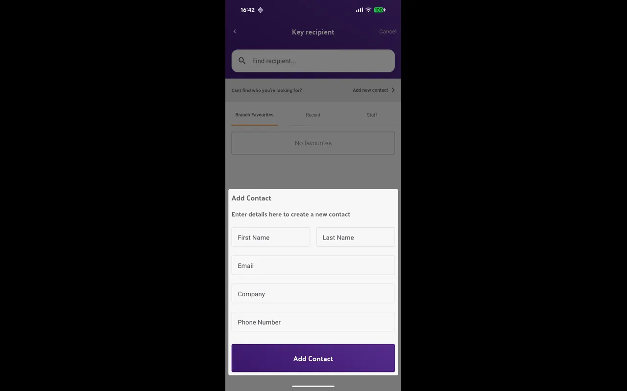 The Add Contact tray on the mobile app, with First Name, Last Name, Email, Company and Phone Number fields