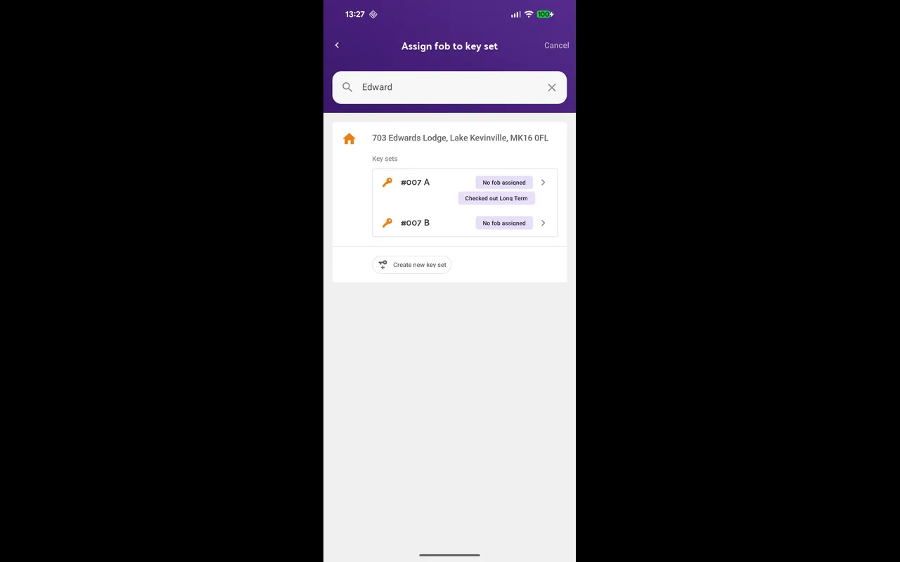 Searching for an asset on the mobile app, with its key sets listed