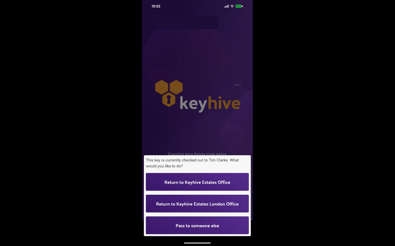 The mobile app after scanning a checked-out key, offering a Return to button per key store and Pass to someone else