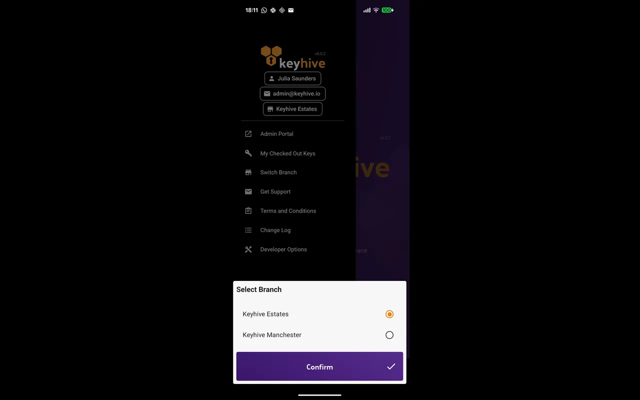 The mobile app's menu, with the current branch chip at the top and the Switch Branch item