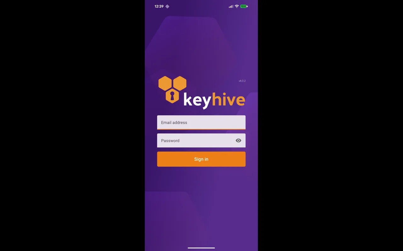 The Keyhive sign-in screen with email address and password fields