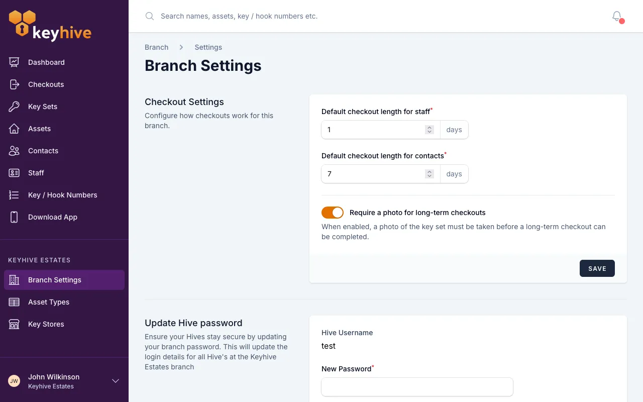 The Checkout Settings panel in Branch Settings, showing the two default checkout length fields and a Save button