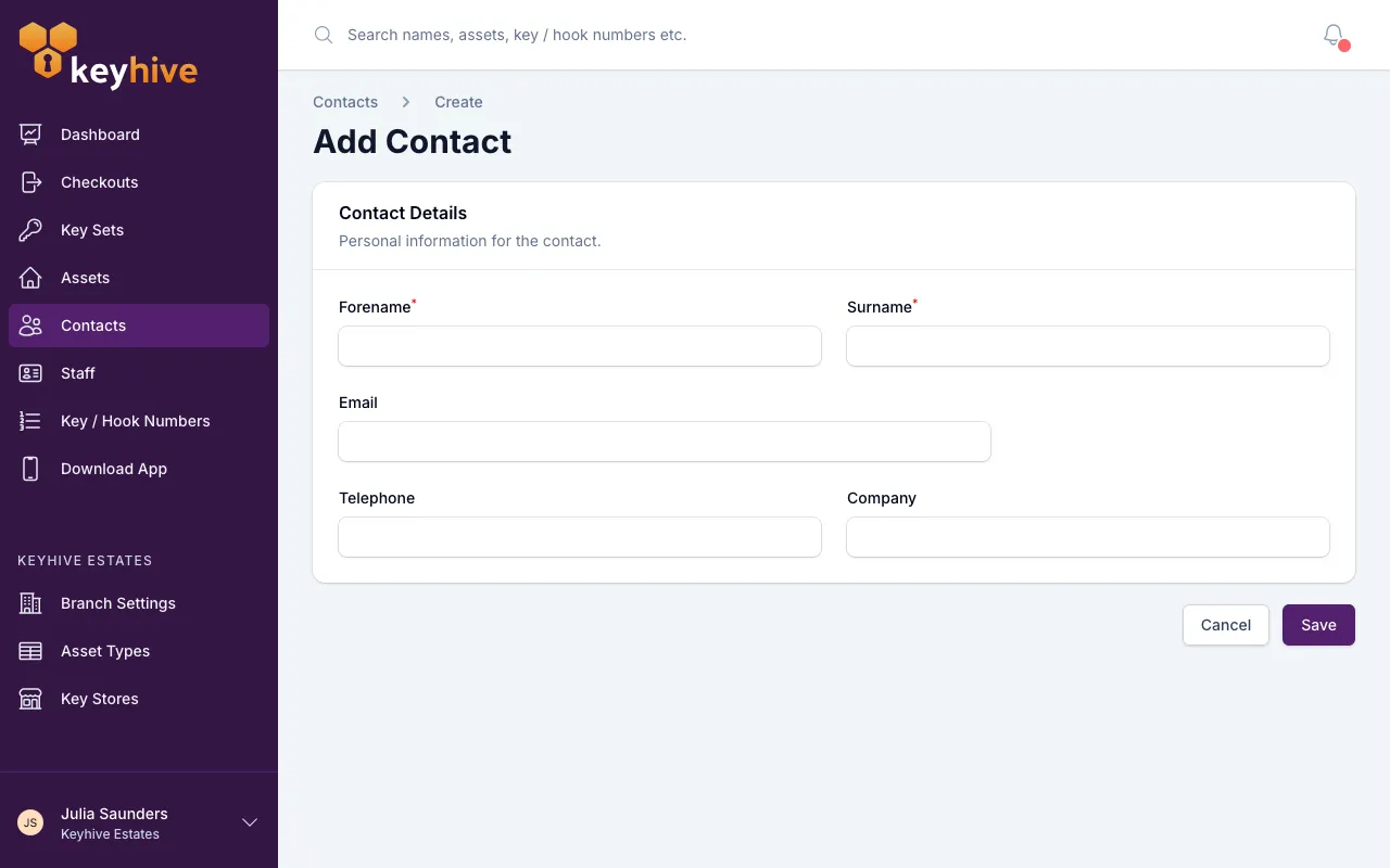 The Add Contact form in the portal, showing the Forename, Surname, Email, Telephone and Company fields