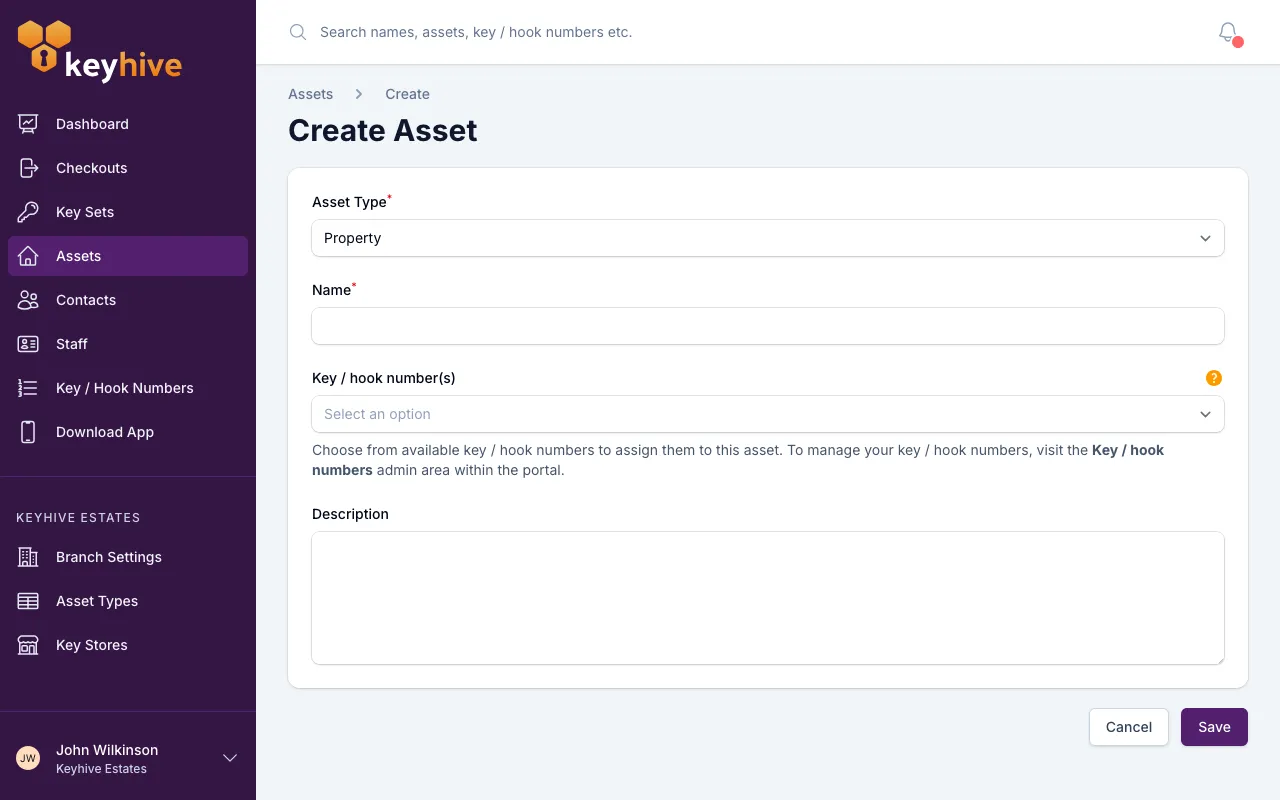 The Create Asset form, showing the Asset Type, Name, Key / hook number(s) and Description fields