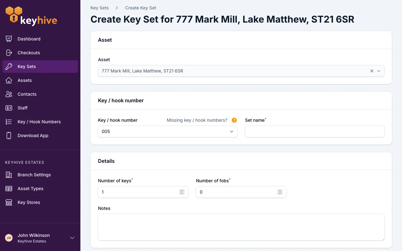 The Create Key Set form in the portal, showing the Asset, Key / hook number, Set name, Number of keys, Number of fobs and Notes fields