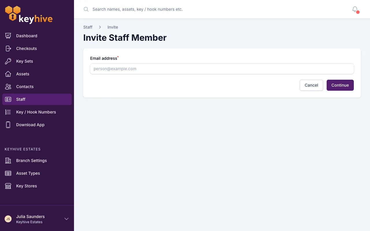 The first step of the invite screen, asking for an email address
