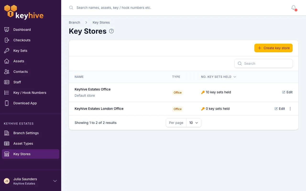The Key Stores page listing each store with its type and the number of key sets it holds