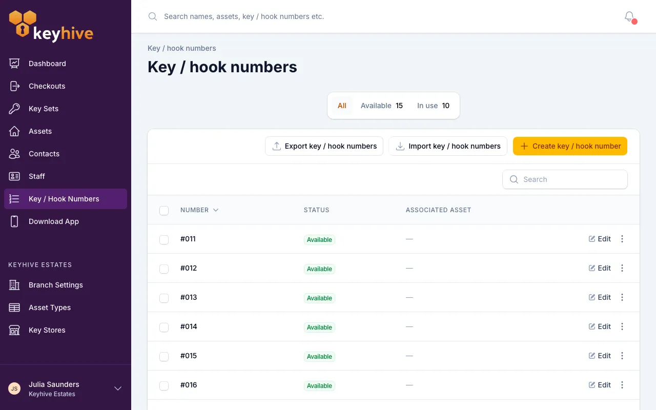 The Key / Hook Numbers page showing the All, Available and In use tabs with counts