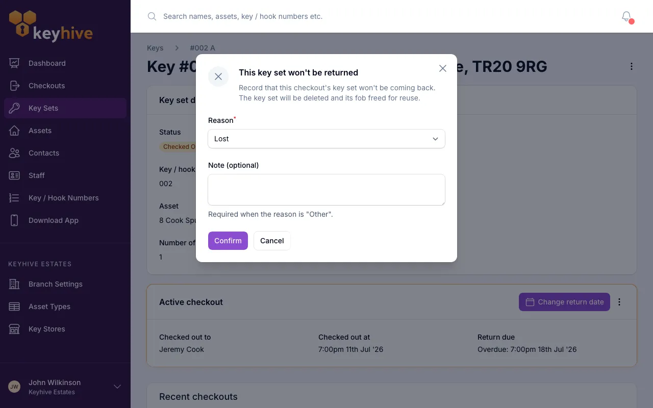 The "This key set won't be returned" form in the portal, with the Reason dropdown and an optional Note field