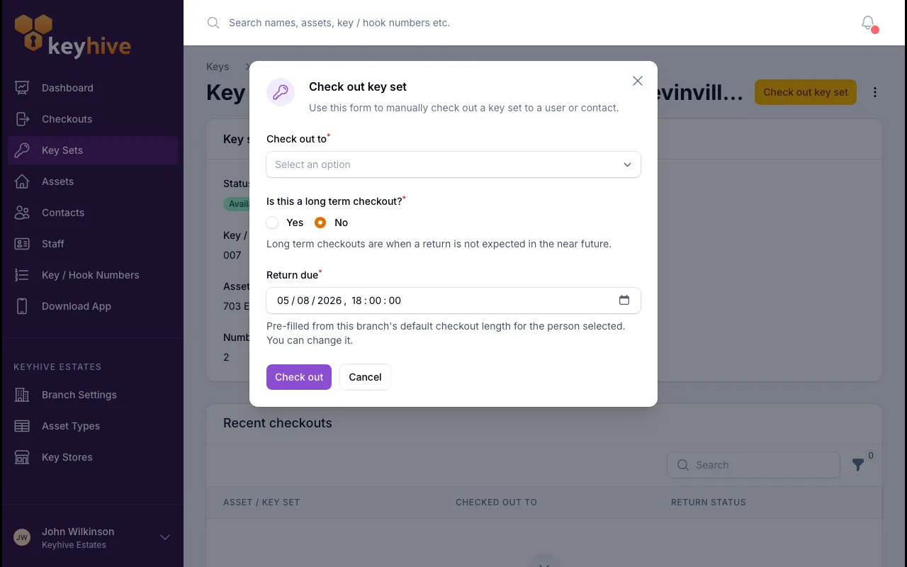 The Check out key set form in the portal