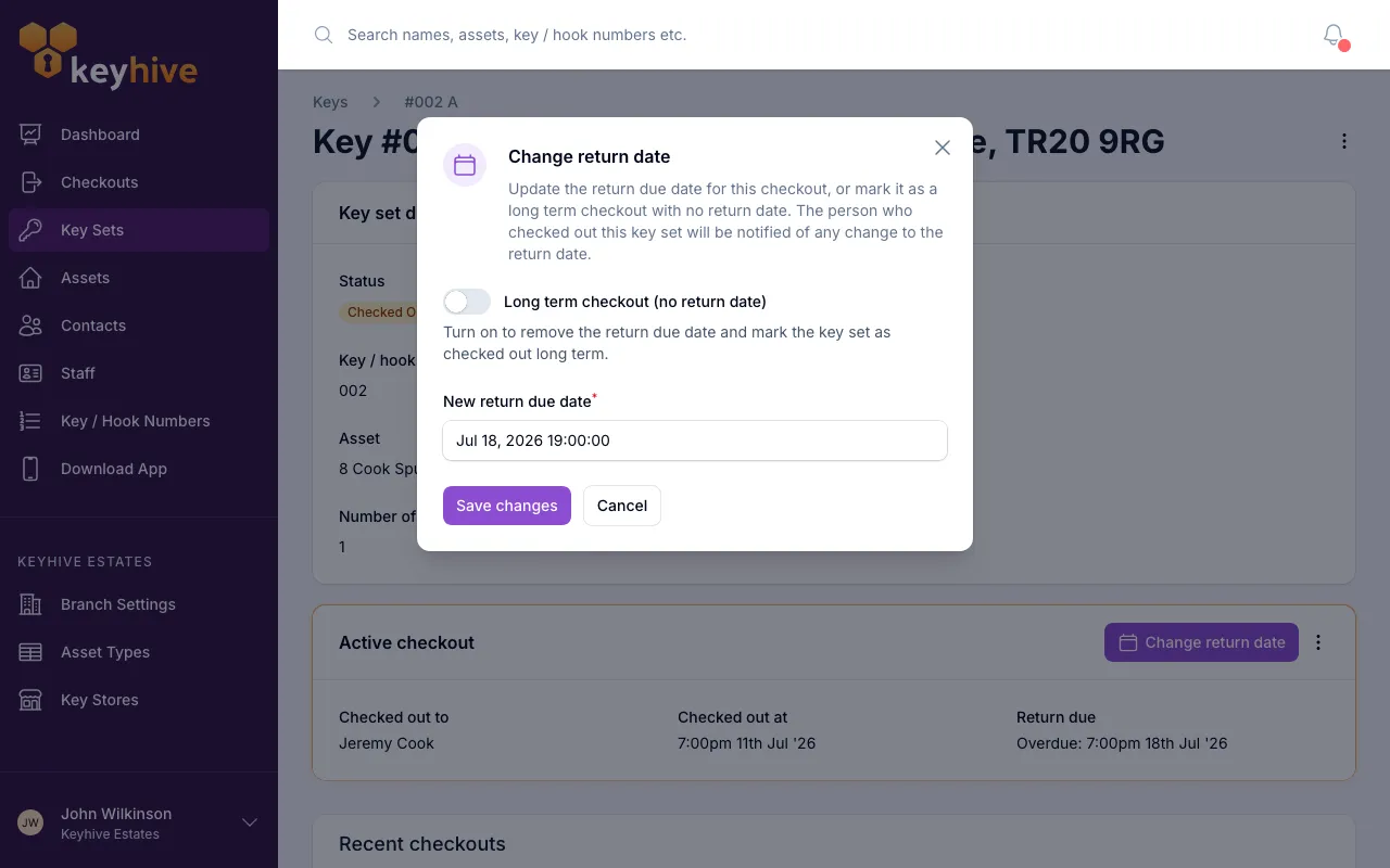The "Change return date" form in the portal, with a date-and-time picker and a long-term toggle