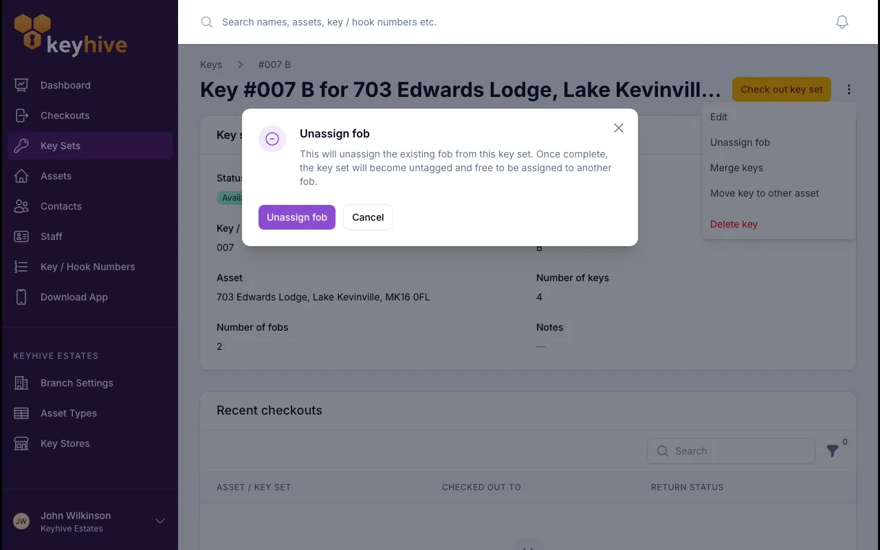 The Unassign fob confirmation in the portal