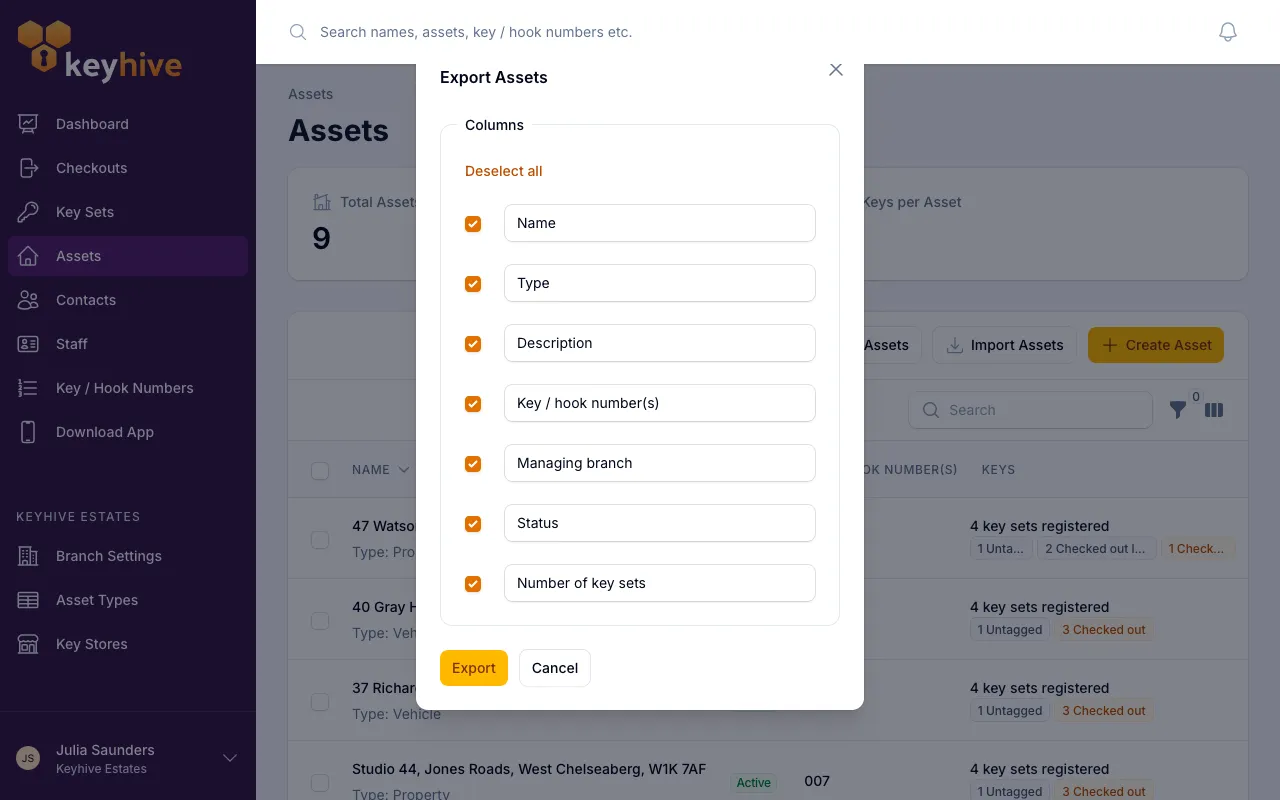 The Export Assets window listing the available columns with tick boxes