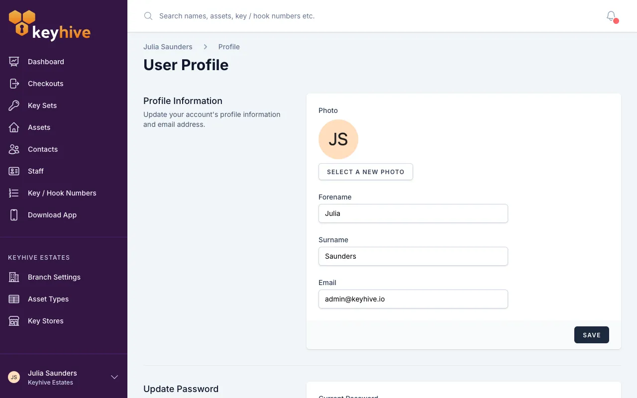 The Profile Information panel on Profile Settings, showing the profile photo, Forename, Surname and Email fields