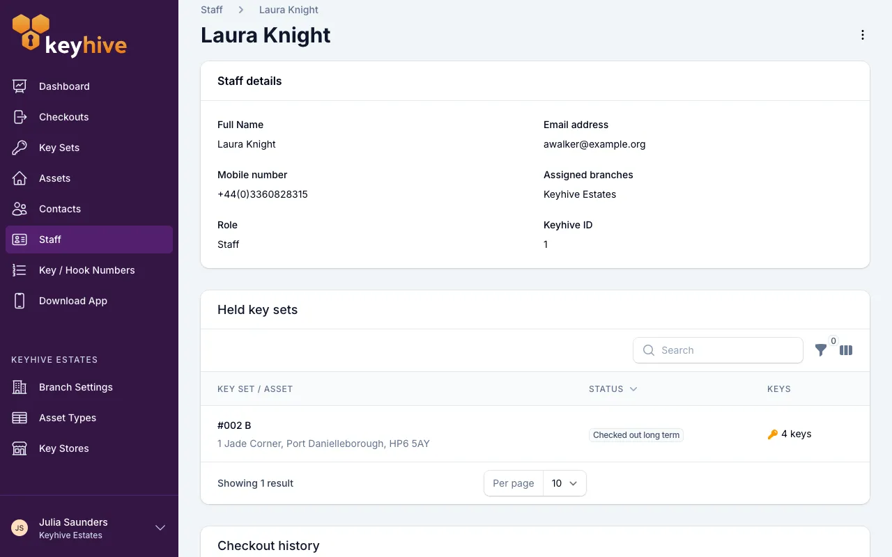 A staff member's page, showing the Held key sets panel above their checkout history