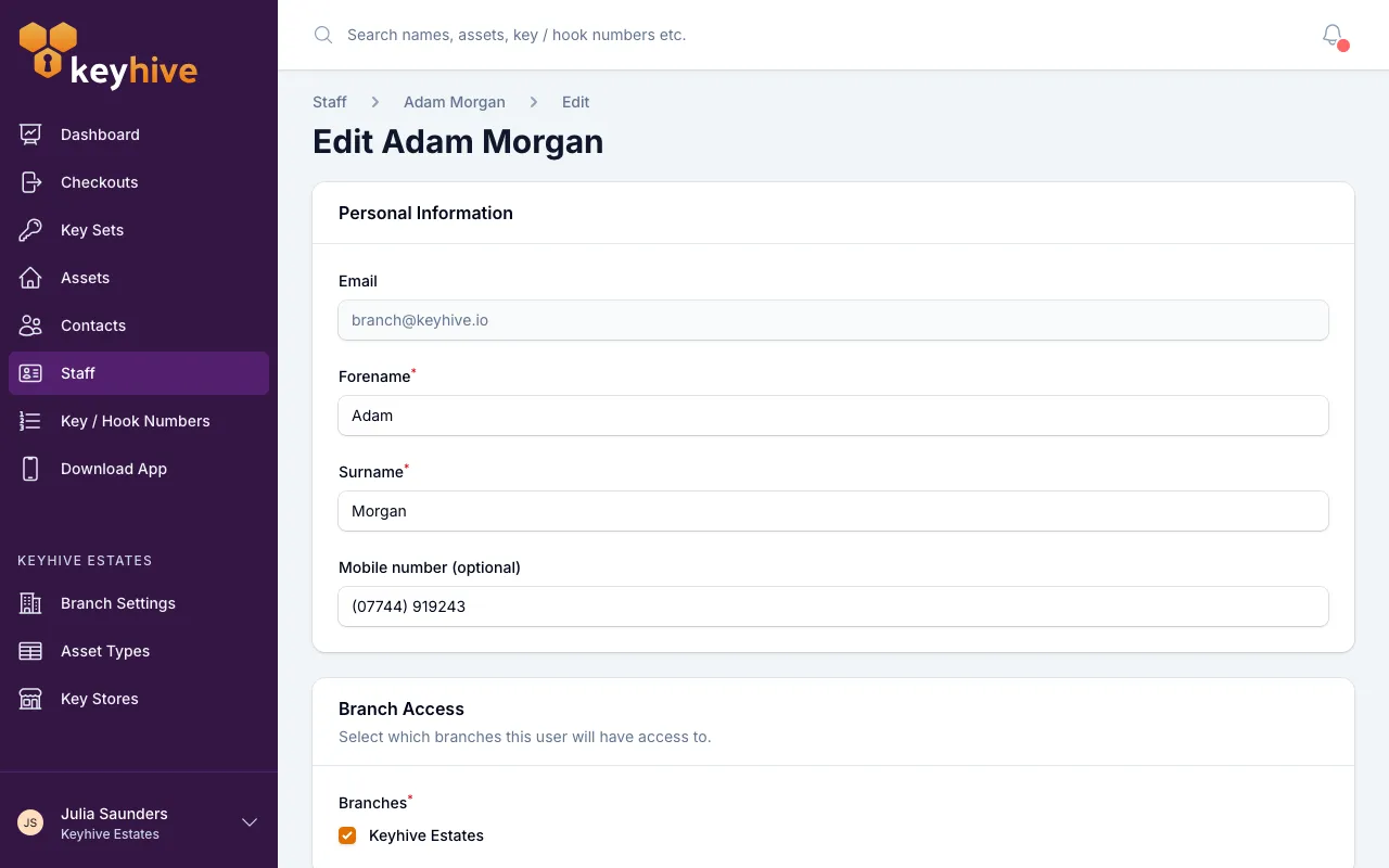 The staff edit form, showing Personal Information with the email address greyed out, and the Role options