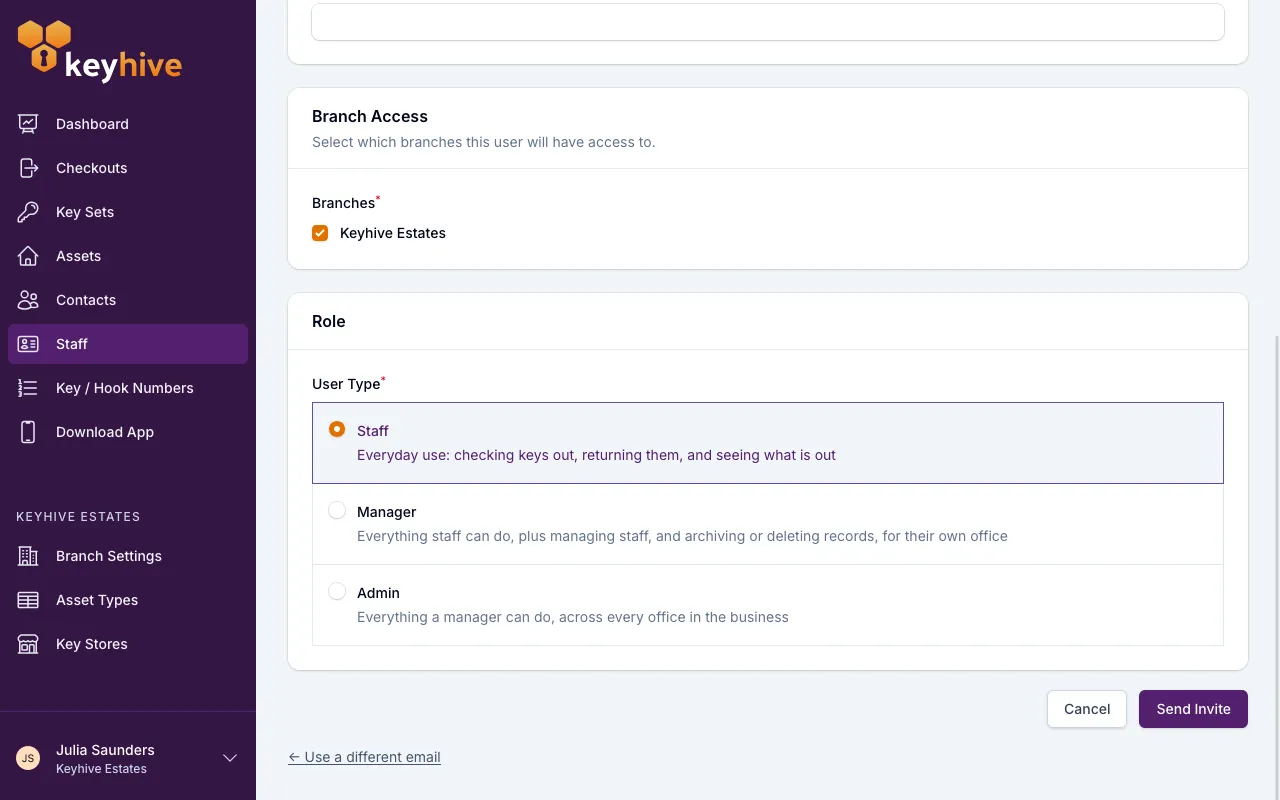The rest of the staff form, showing the Branch Access tick boxes and the three Role options
