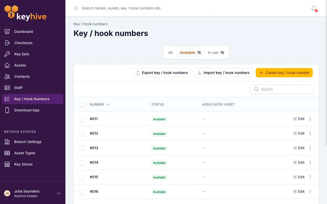 The Key / Hook Numbers page with the Available tab selected, showing free numbers and a count