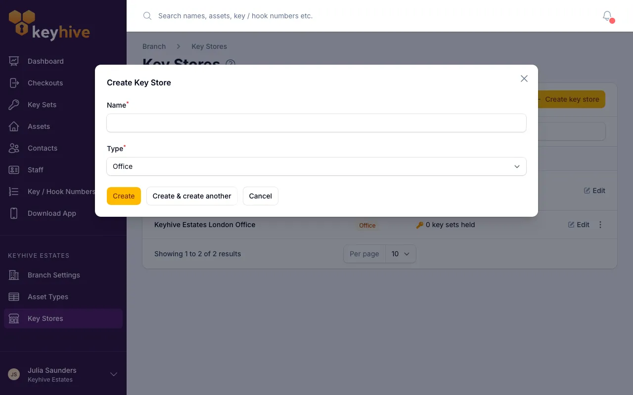 The Create key store form, showing the Name field and the Type dropdown