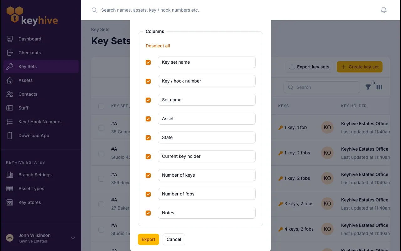 The Export key sets window listing the available columns with tick boxes