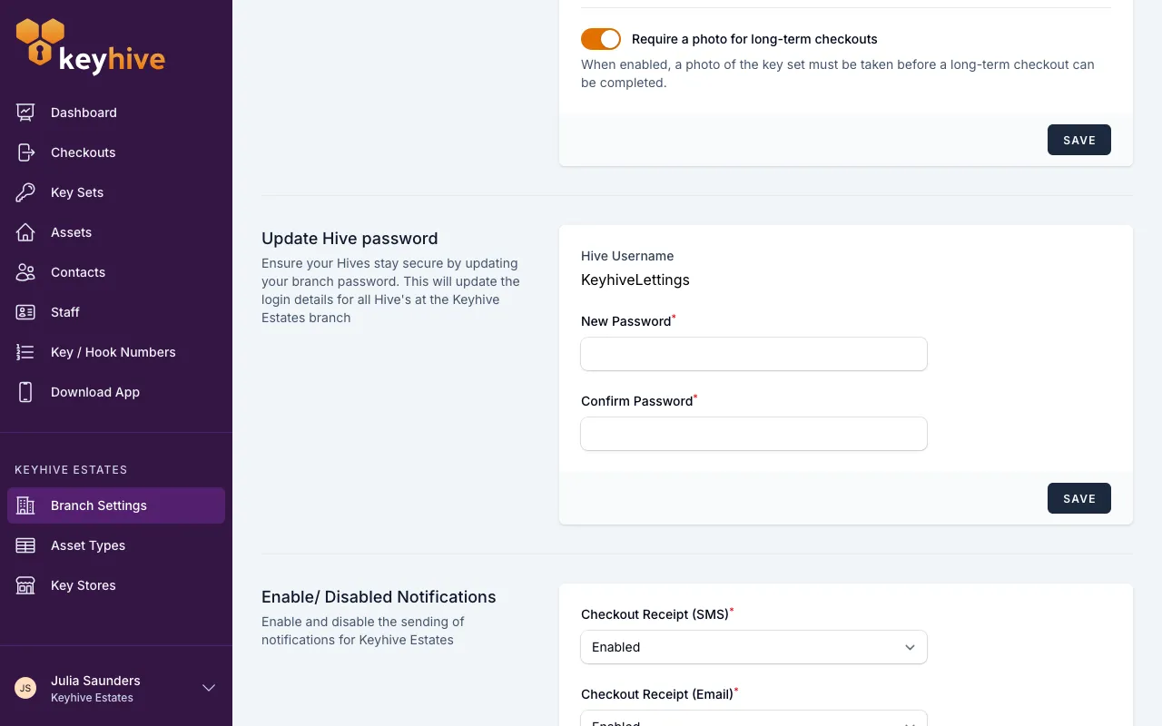 The Update Hive password panel in Branch Settings, showing the Hive username above the New Password and Confirm Password fields