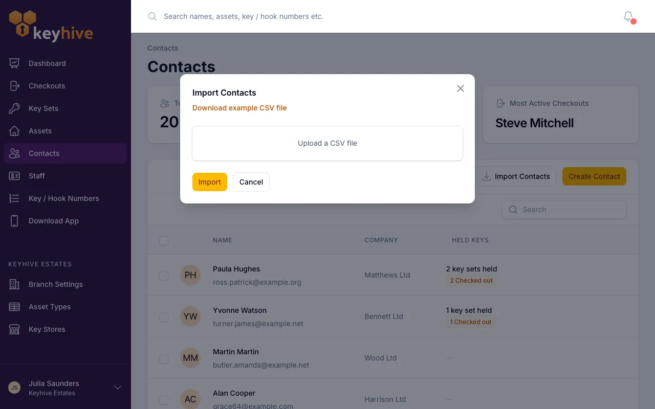 The Import Contacts modal, showing the Download example CSV file link above the upload box