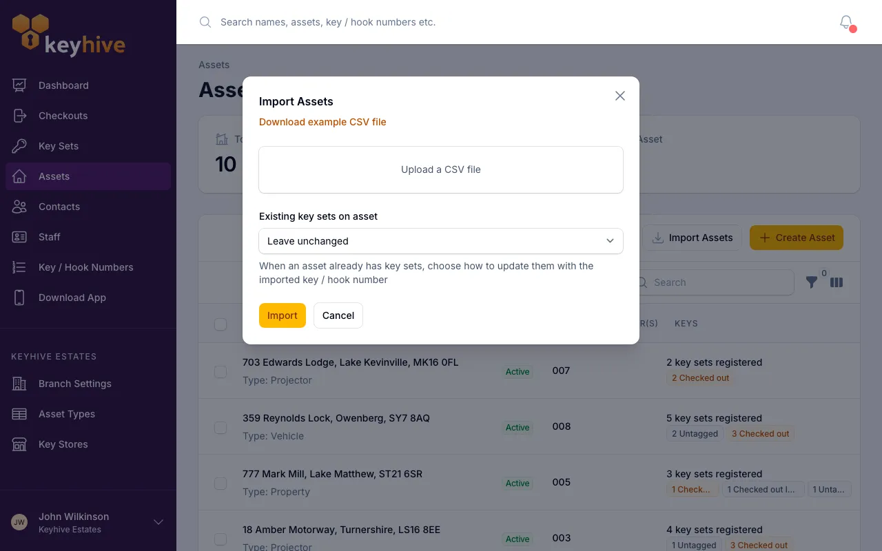 The Import Assets modal, showing the Download example CSV file link above the upload box