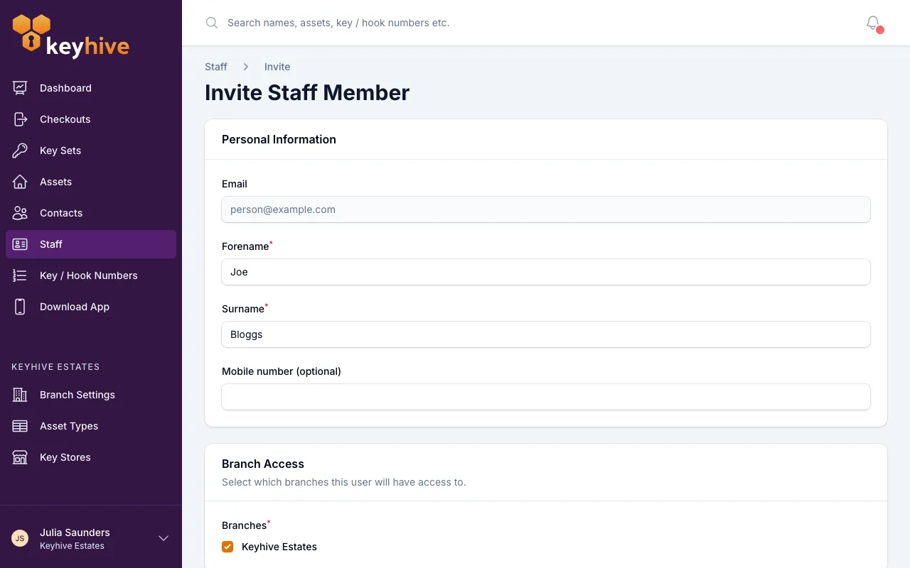 The top of the staff form, showing the Personal Information section and the start of Branch Access