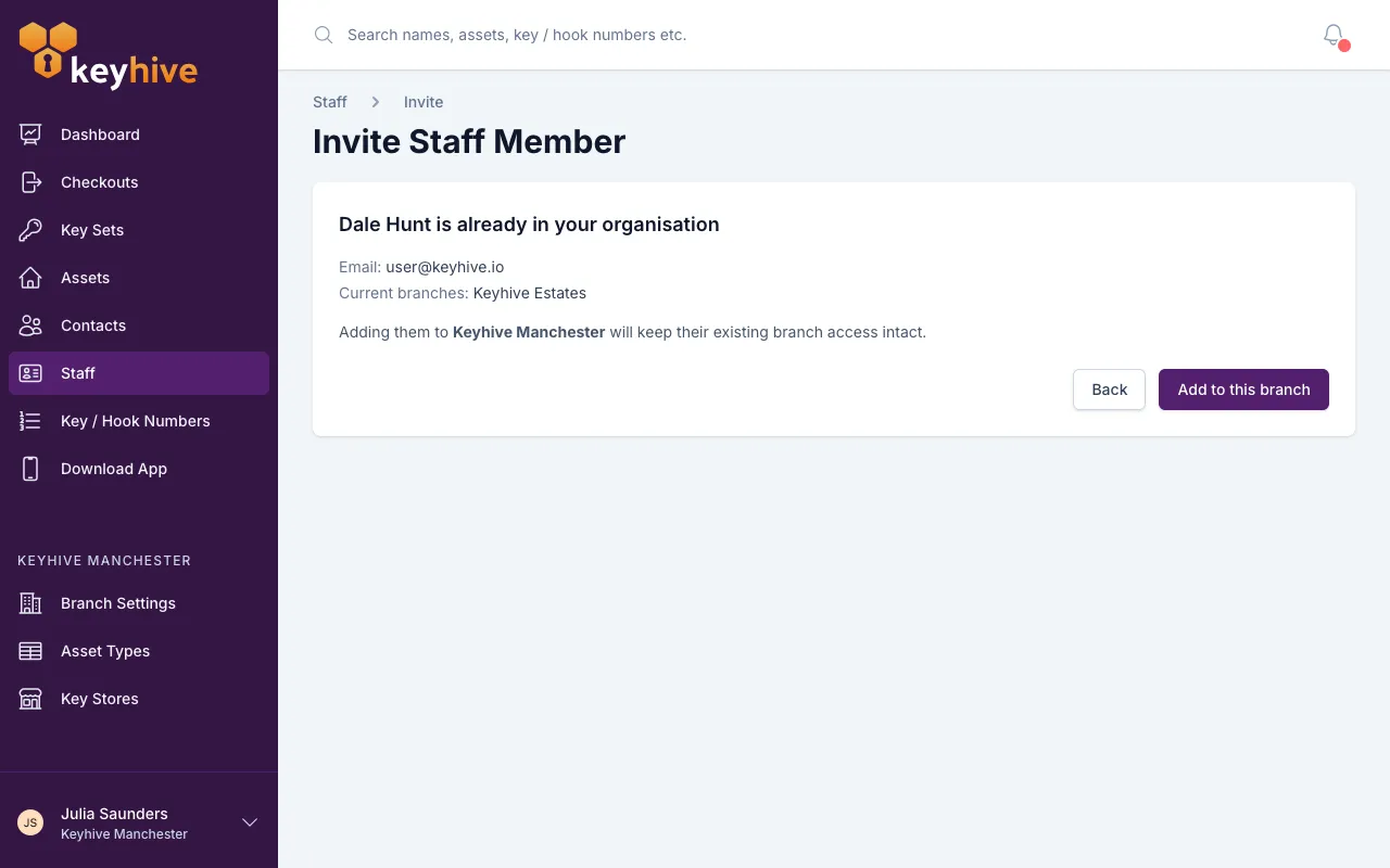 The invite screen recognising an existing colleague, listing their current branches, with the Add to this branch button