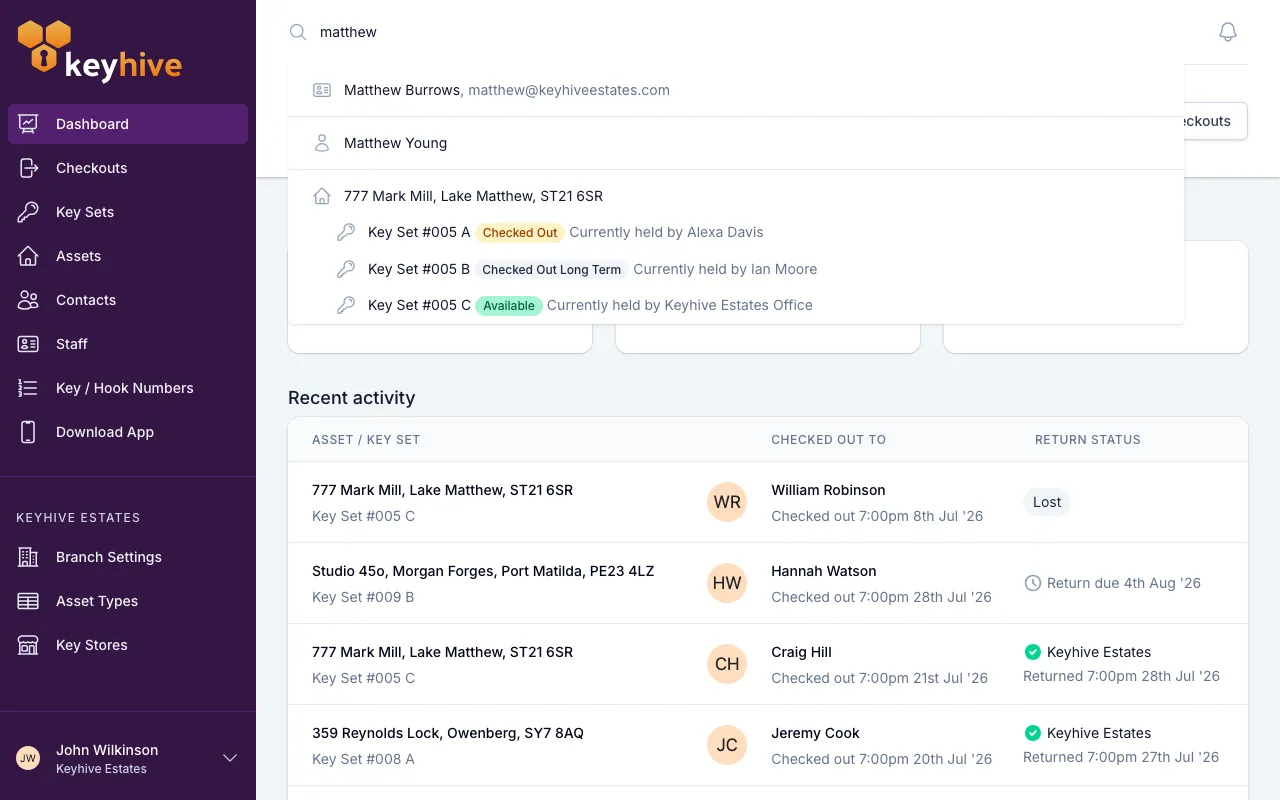 The search results dropdown, showing an asset with its key sets listed underneath, a contact and a staff member