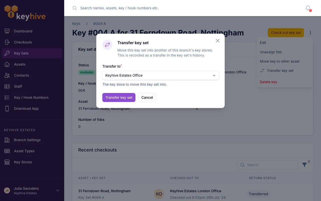 The Transfer key set form in the portal, showing the Transfer to store picker