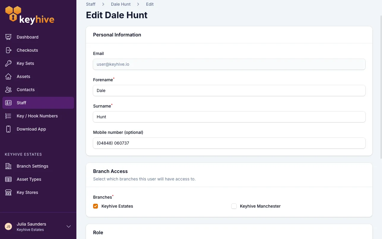 The staff edit form showing the Branch Access section with a tick box per branch