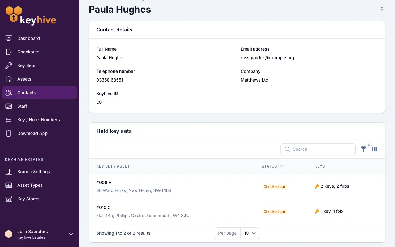 A contact's page, showing the Contact details panel above their held key sets and checkout history