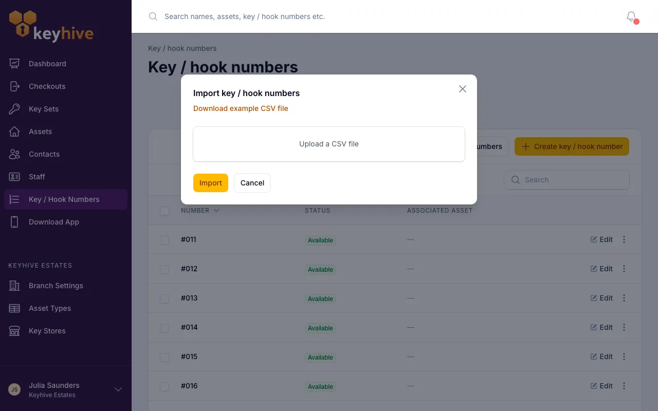 The Import key / hook numbers modal, showing the Download example CSV file link above the upload box